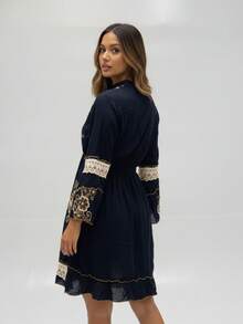 KIARA BRAZIL Short Boho Chic Embroidered Dress With Long Sleeves And Tie Detail - Women's Fashion - PLK-9034 - 黑色 - 查看 4