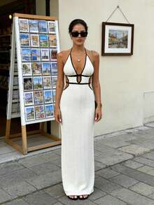 两件套性感镂空针织泳衣罩衫，女士夏季系带上衣和长裙套装，适合夜店和海滩穿着 - 彩色 - 查看 4