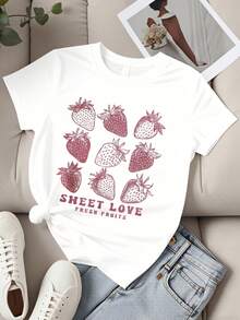 Strawberry Print T-Shirt White Sweet Love Fresh Fruits Graphic Tee Women Casual Summer Outfit Top - 白色 - 查看 3