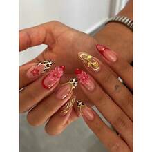 24pcs/Set French Almond-Shaped Ocean Style Elegant 3D Stereo Starfish, Red & Yellow Flower, Seashell, Golden Pearl Decorated Sweet Press-On Full Cover False Nails With 1pc Jelly Gel And 1pc Nail File, Adding A Romantic Touch For Daily Dates, Autumn/Winter - 多色-18 - 查看 7