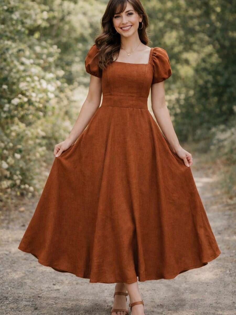 Romantic Midi Dress With Puff Sleeves And A Full Skirt - 鏽棕色 - 查看 1