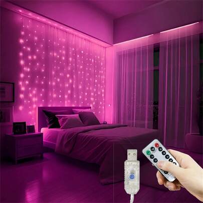 8-Function Camping Decorative String Lights, Suitable For Patio, Valentine's Day, Romantic Pink Ambiance Wedding Party, 4 Lighting Color Options, With Remote Control Curtain Lights, Holiday Wreath Fairy Lights, Holiday Lighting Decor, Birthday Party Decor Lights, Date Night & Family Dinner Decor Lights, Bedroom Curtain Lights, Christmas & Halloween Decorative Lights