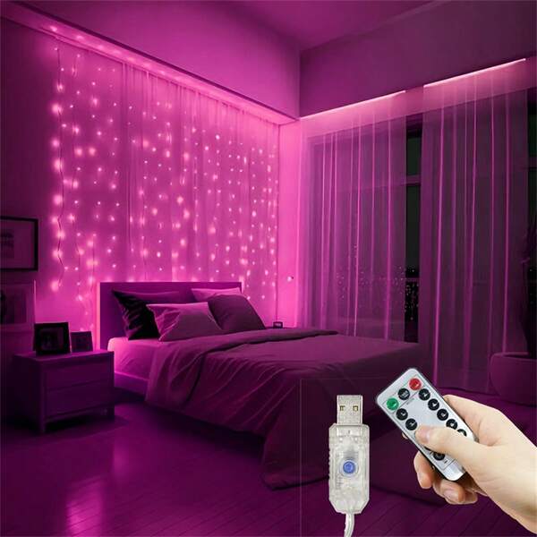 8-Function Camping Decorative String Lights, Suitable For Patio, Valentine's Day, Romantic Pink Ambiance Wedding Party, 4 Lighting Color Options, With Remote Control Curtain Lights, Holiday Wreath Fairy Lights, Holiday Lighting Decor, Birthday Party Decor Lights, Date Night & Family Dinner Decor Lights, Bedroom Curtain Lights, Christmas & Halloween Decorative Lights