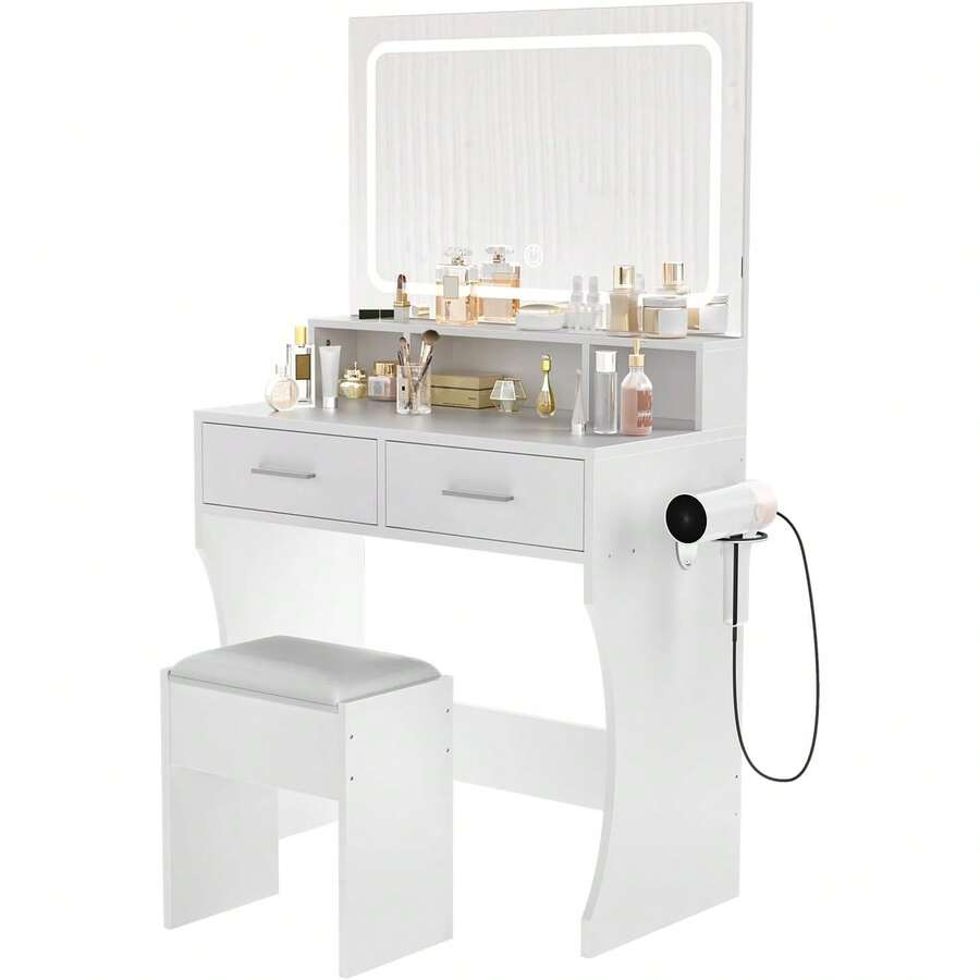 Mesa de tocador con espejo, luces LED y enchufe para estación de carga de maquillaje, 2 cajones, estantes abiertos, 3 modos de color, brillo ajustable, mesa de maquillaje para dormitorio - Blanco - Ver 1