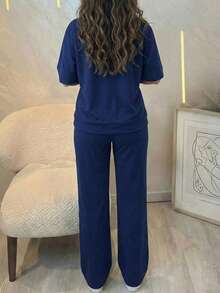 Women's 2 Pieces Casual Outfit, Comfortable Solid Color Short Sleeve Top Paired With Elastic Waist Pocket Pants, Soft Polyester-Spandex Fabric, Spring/Summer - Blue - View 5