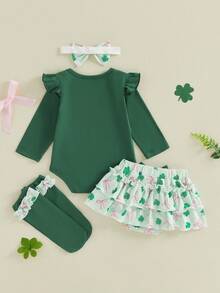 My First St Patricks Day Outfit Baby Girl Romper Shamrock Ruffle Shorts Blommers Socks Set St Patricks Dress Clothes - màu xanh lá - Xem 2