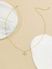 1pc Elegant Minimalist Inlaid Cross Pendant Necklace, Suitable For Daily Wear - one-size - View 3