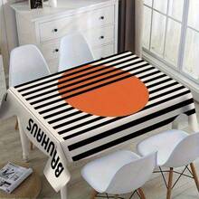 1pc Bauhaus Black-White-Orange Pattern Tablecloth With Mid-Century Modern (Stripes & Circles) Detail, Machine-Washable Polyester Fabric, With Durable, Easy-Clean, Stain-Resistant, Consistent Quality Functions, Mid-Century Modern Style, Tablecloth/Dining & Coffee Table Cover, Suitable For Wedding, Birthday, Bridal Shower, Daily Use, Kitchen & Party - 印花1 - 查看 2