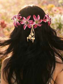 1Pc Garden Photoshoot Bridal Headdress,Tri-Color Faux Lily Flower Crown,Dangling Bead Strands For Fairy Look,Outdoor Wedding & Photography Accessories