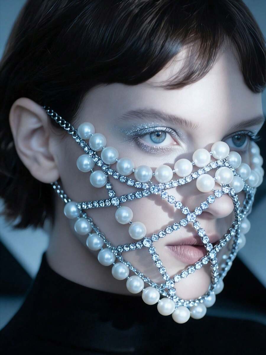 时尚夸张珍珠面具，适合西方派对、夜总会、水钻面具 - 彩色 - 查看 1