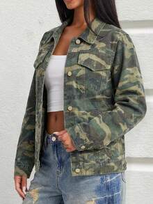 Women's Y2K Camouflage Long Sleeve Loose Denim Jacket - Army Green - View 2