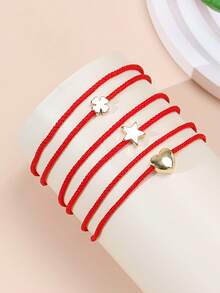 سوار ذو طبقتين بتعليقة قلب، شمسية، نجمة خماسية بتصميم بسيط، مناسب للأزواج والأصدقاء والمناسبات والاستخدام اليومي - الأحمر - مشاهدة 3