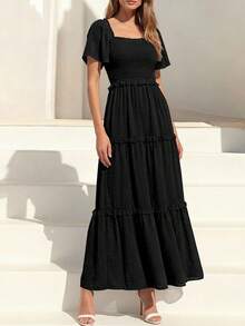 Women's Bohemian Summer Dress - Swiss Dot Smocked Square Neck Short Sleeve Maxi Dress For Spring Wedding Guest & Vacation - 黑色 - 查看 5