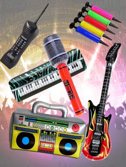 Conjunto de juguetes de instrumentos musicales inflables para fiestas de estrella de rock, que incluye guitarra inflable, saxofón inflable, bajo, laúd, micrófono, grabadora de teléfono, piano, adecuado para fiestas con tema de los años 80 y 90, decoración de fotomatón y eventos navideños