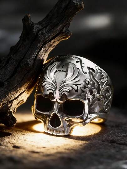 1 pieza Anillo de calavera con flor de estilo punk de moda y dominante para hombres, diseño de calavera exquisito de cobre plateado, estilo vintage punk, adecuado para Halloween, Navidad, regalo de cumpleaños, para adolescentes con estilo hip hop punk, talla de anillo de 7 a 13