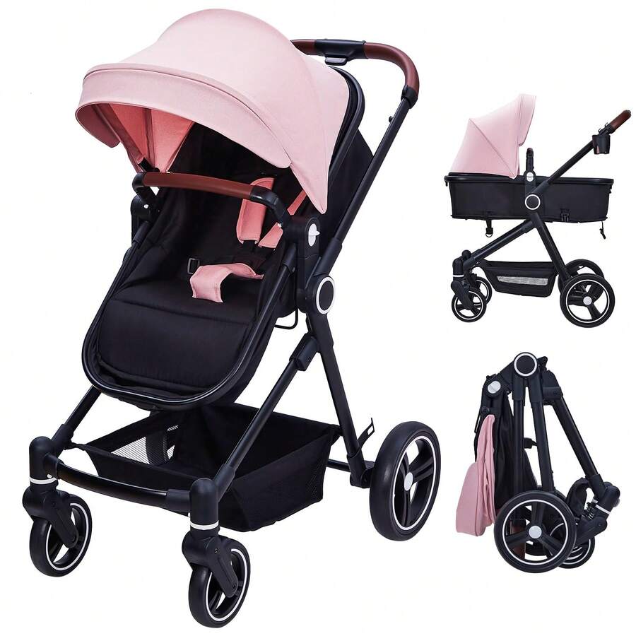 Cochecito de bebé convertible, cochecito infantil de paisaje alto, cochecito de cochecito modo moisés, cochecito ajustable, cochecito plegable de aleación de aluminio antigolpes para recién - Rosa - Ver 1