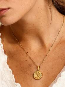 MECYLIFE 1pc Minimalist Coin Necklace Stainless Steel Jewelry Crescent Moon Necklace Star Pendant Charm Necklace For Women - Yellow Gold - View 1