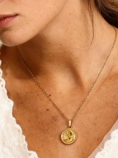 MECYLIFE 1pc Minimalist Coin Necklace Stainless Steel Jewelry Crescent Moon Necklace Star Pendant Charm Necklace For Women