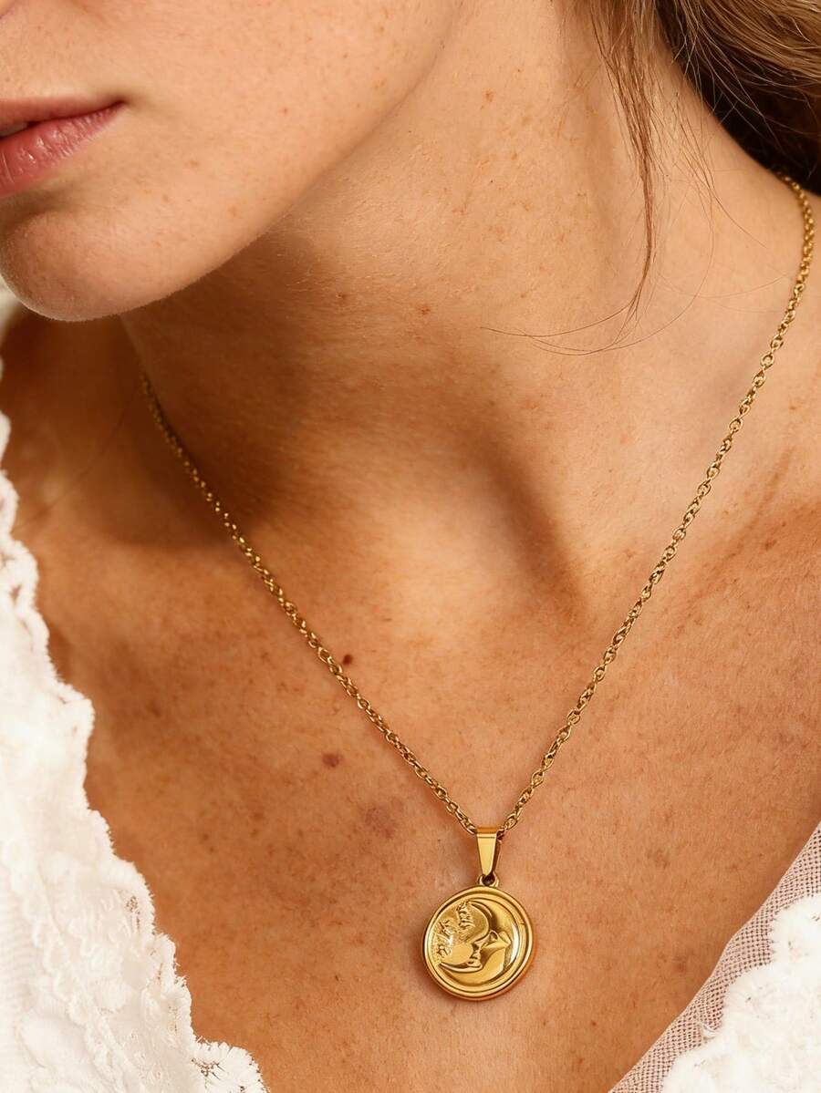 MECYLIFE 1pc Minimalist Coin Necklace Stainless Steel Jewelry Crescent Moon Necklace Star Pendant Charm Necklace For Women - Yellow Gold - View 1