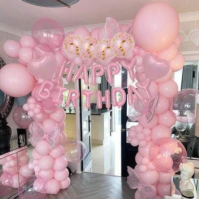 Girl's Pink Birthday Decoration, Foil Pink Happy Birthday Balloon Banner, Pentagram Heart-Shaped Foil Balloon, Confetti Balloon