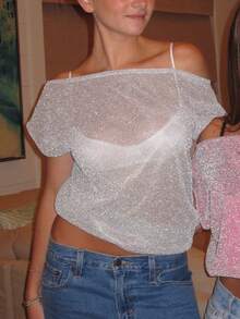 Women's Off Shoulder Tops Y2k Sparkly Shiny Sheer See Through Knit Crop Tops Solid Color Sleeveless Shirt Tops Summer Going Out Tops Daily Casual Streetwear - 白色 - 查看 4