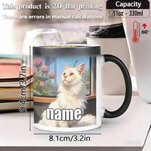 1pc Customizable Text Long-Haired Cat Magic Color-Changing Cup, Solid Color Color-Changing Mug, 11oz Printed Pattern Durable Ceramic, Name Customizable Color-Changing Heat-Sensing Coffee Cup, Available In 60 ° C Changes From Black To White, Winter Gift, Suitable For New Year Gifts, Christmas, Birthday Gifts, Anniversary Gifts, Hot And Cold Drinks, Juice, Milk, Holiday Gifts, Coffee Bar And Cute Kitchen Theme Designed For Cooking Together - 3.7吋 x 3.2吋 - BS - 查看 2