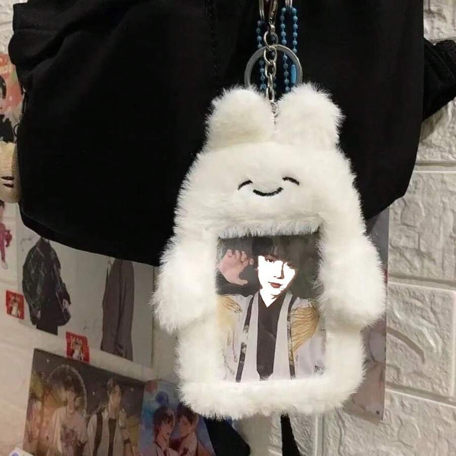 Cute Rabbit Plush Photo Card Holder 3 Inch Photo Case With Keychain Pendant Case Student Case Credit Card Case, White - White - View 1