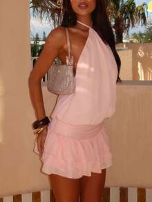 Women's 2026 Summer Halter Dresses Sleeveless Open Back Ruffle Tiered Layered Chiffon Pleated A Line Swing Mini Dress - Pink - View 6
