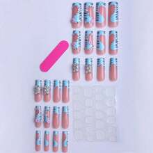 Exquisite Fashion And High-End Sense Of Wearing Nail Cartoon Flash Diamond French Manicure 24 Pieces Of Finished Nail Products, Long Style Atmosphere - Xanh lam công - Xem 2