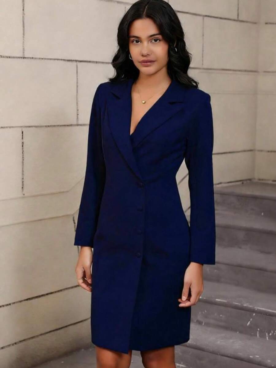 Đầm công sở và thường ngày màu trơn cổ bẻ thanh lịch dành cho nữ, cài nút phía trước, xẻ tà, phù hợp cho mùa xuân, hè, thu - Màu xanh hải quân - Xem 1