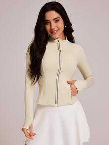 VUTRU Long Sleeve Tight Fit Athletic Jacket, Stand Collar Top, Yoga/Running Wear - Beige - View 6