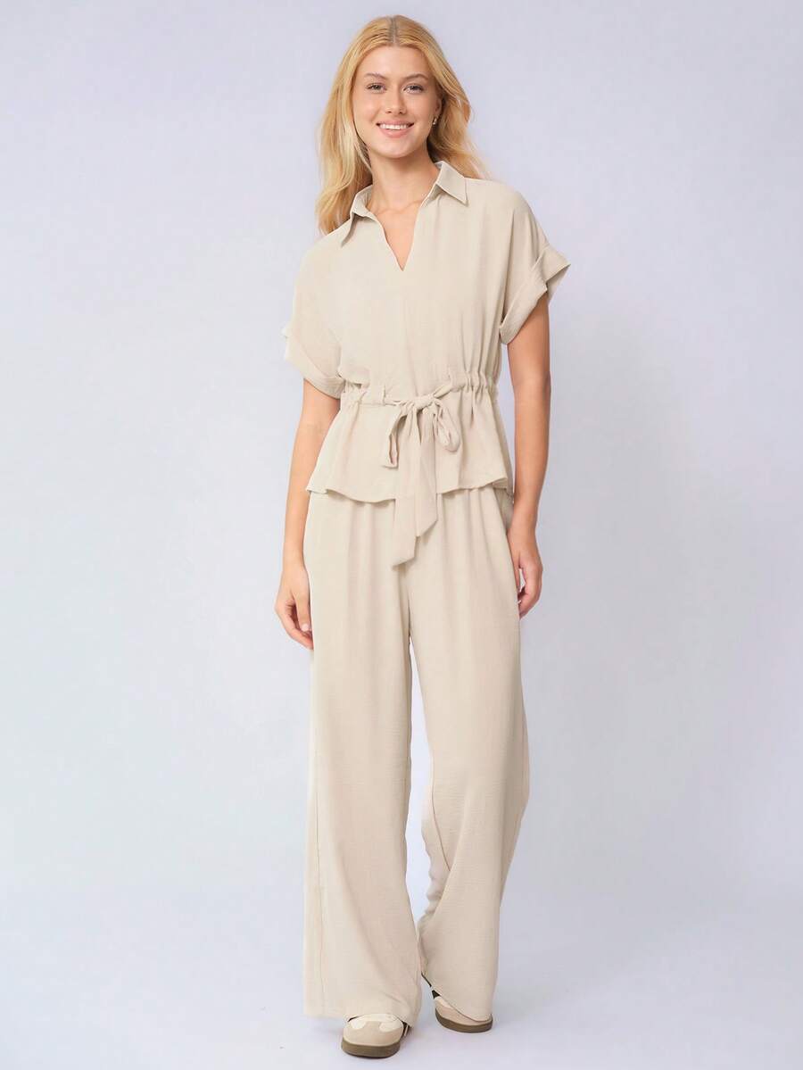 KATCH ME Women's Versatile Collared Rolled-Up Short Sleeve Top & Wide Leg Trousers Co-Ord, Soft Womenswear For Spring & Summer - Beige - View 1
