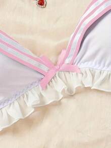 两件套性感航海风内衣套装 - 荷叶边细节，蝴蝶结装饰，钢圈文胸和内裤，适合亲密角色扮演，度假粉色春季款 - 粉色 - 查看 4