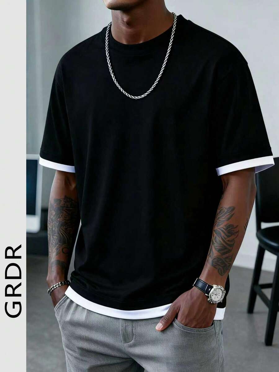 GRDR 男士经典圆领短袖T恤，时尚简约通勤百搭 - 黑色 - 查看 1