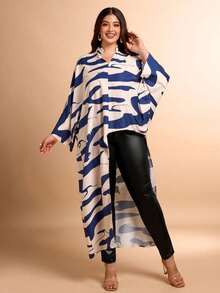 Women's Plus Size Allover Print Stand Collar V-Neck Solid Color High-Low Hem Ruffle Sleeves Asymmetric Hem Shirt(Random Print) - Multicolor - View 4