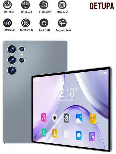 Qetupa 10.1英寸安卓14平板电脑，3GB运行内存+64GB机身存储，MTK 6755八核1.8GHz处理器，高清(1280x800) IPS触控屏，支持蓝牙5.2、802.11ac WiFi 5、GPS，前置200万像素摄像头，后置500万像素摄像头，6000mAh大容量电池，不支持SIM卡，支持阅读和游戏。轻巧便携，随时随地享受娱乐。
