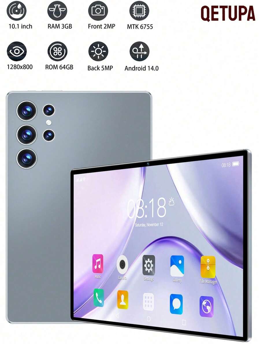 Qetupa 10.1 Inch Android 14 Tablet PC, 3GB RAM + 64GB ROM, MTK 6755 Octa-Core 1.8GHz Processor, HD (1280x800) IPS Touchscreen, Bluetooth 5.2 And 802.11ac WiFi 5, GPS, 2MP Front Camera And 5MP Rear Camera, 6000mAh Large Battery, No SIM Card Support, Supports Reading And Gaming. Lightweight And Portable, Enjoy Entertainment Anytime Anywhere. - Grey - View 1