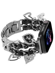 MAPUCE 1条时尚金属双链心形熊图案表带，兼容 38/40/41/42/44/45/46/49mm，适用于 Ultra/SE/11/10/9/8/7/6/5/4/3/2/1系列，长度可调节，操作简单，饰有心形、熊形和埃菲尔铁塔设计元素，时尚中性配饰表带（仅含表带，不含手表和表壳）。 - CAT235黑色 - 查看 4