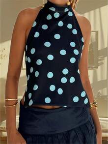 Women Y2k Polka Dots Halter Tank Tops Cute High Mock Neck Backless Cami Open Back Camisole Going Out Tops - Màu xanh ngọc - Xem 1