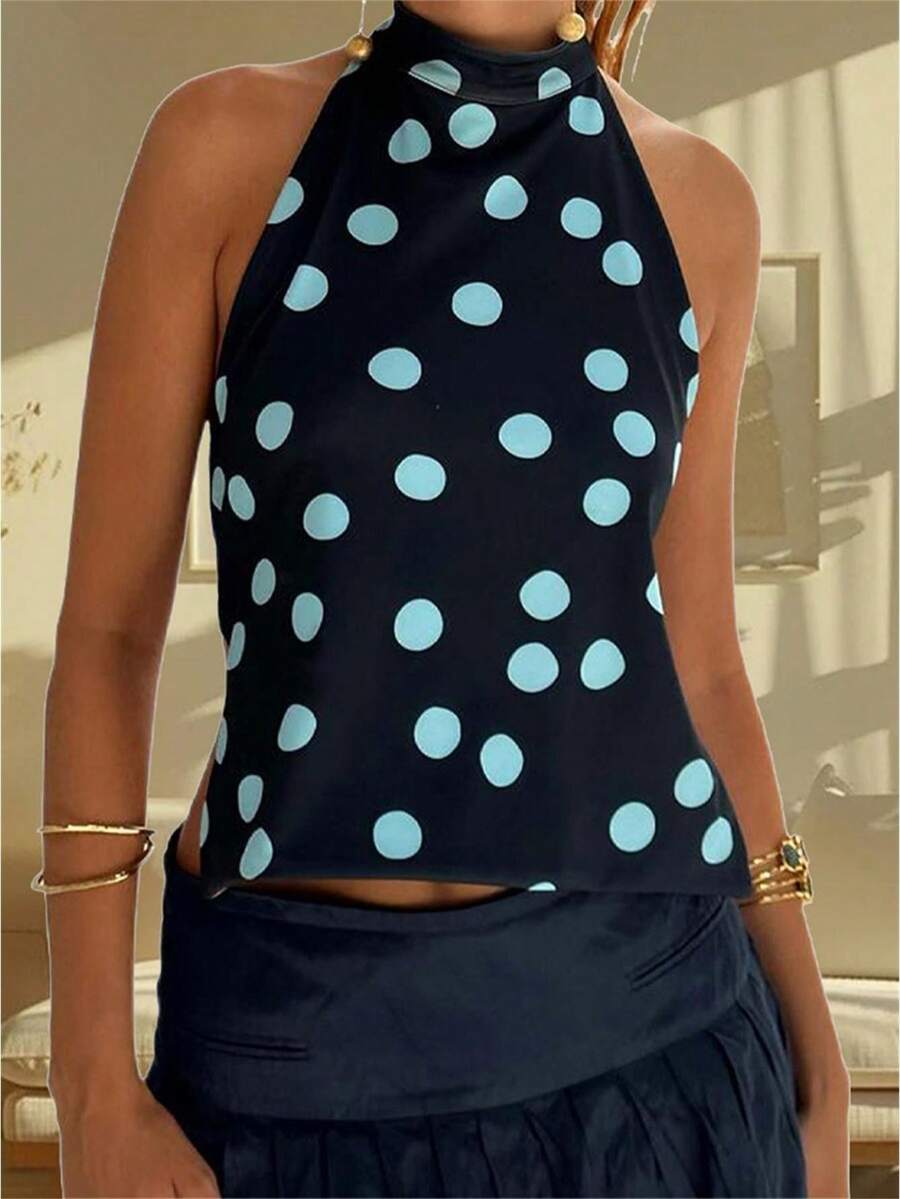 Women Y2k Polka Dots Halter Tank Tops Cute High Mock Neck Backless Cami Open Back Camisole Going Out Tops - Màu xanh ngọc - Xem 1