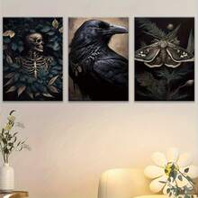 三联无框帆布印刷装饰画，骷髅、乌鸦，暗黑学院风，万圣节装饰，复古哥特式绘画，暗黑乡村风格，维多利亚风格，室内家居墙面装饰艺术品 - 彩色 - 查看 2
