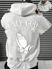 Men's Christian Faith Hooded Sweatshirt With Only God Can Judge Me Printed On The Back And Prayer Hand Design-Hoodie With OF A LOVING GOD Print-Unisex - 灰色 - 查看 1