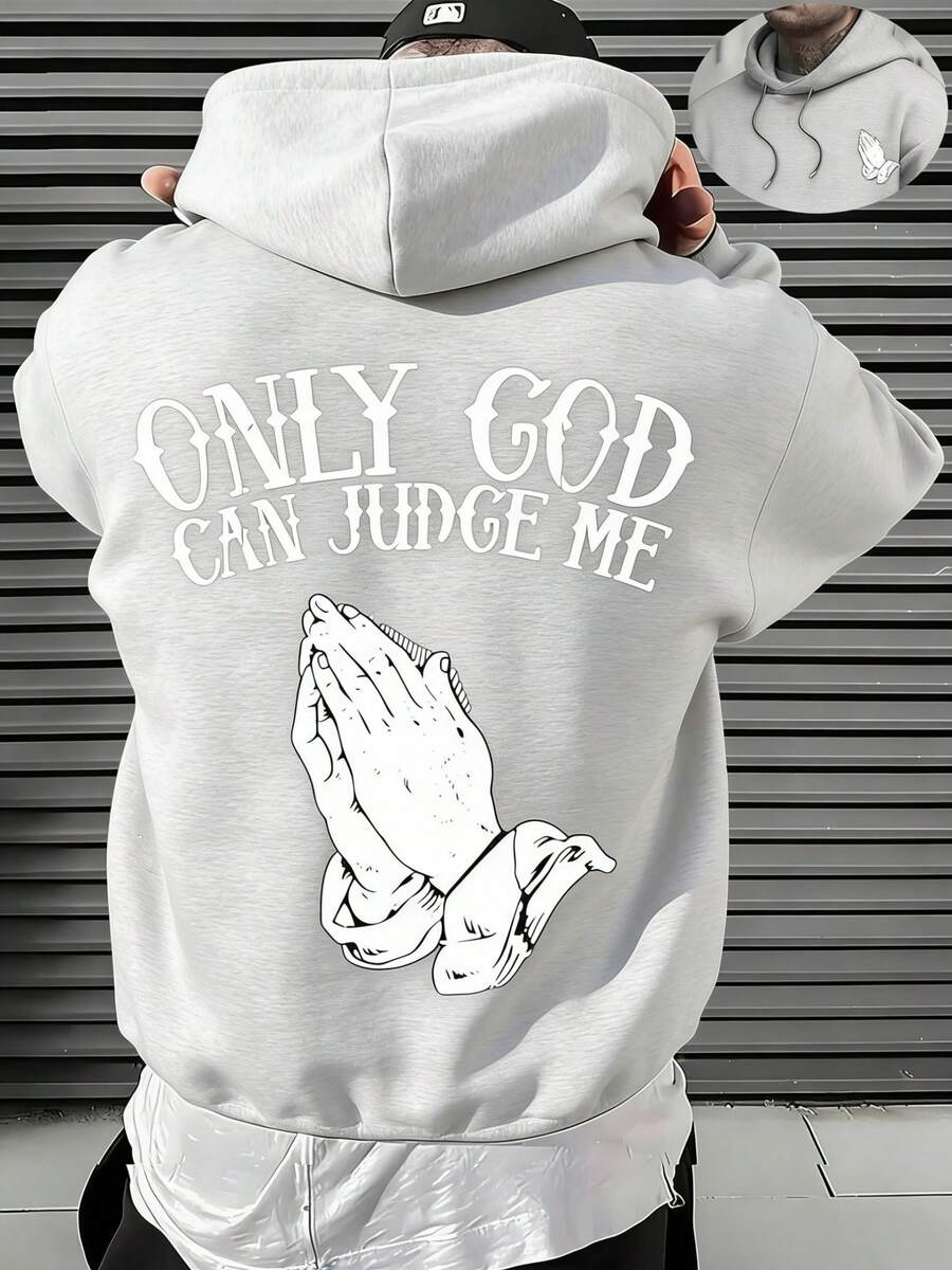 Men's Christian Faith Hooded Sweatshirt With Only God Can Judge Me Printed On The Back And Prayer Hand Design-Hoodie With OF A LOVING GOD Print-Unisex - 灰色 - 查看 1