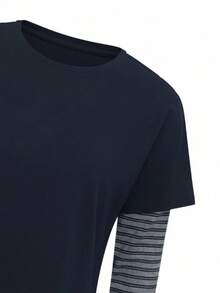 Striped Patchwork Round Neck 2 In 1 Long Sleeve T-Shirt, Slim Fit Contrast Color Versatile Base Layer Top For Spring/Summer - Navy Blue - View 8
