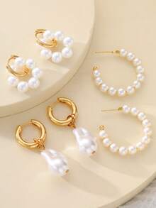 6pcs Elegant & Sophisticated Faux Pearl Stud Earrings Set, Everyday, Date, Commute, Birthday, Valentine's Day Gift For Her - Yellow Gold - View 3