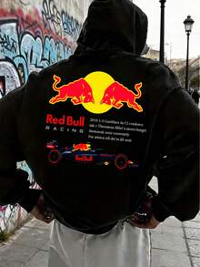 Fashionable Men's Hoodie With "Red Bull RACING" Pattern, Printed On Both Sides, Racing Car Graphic Design, Stylish Street Style Hoodie, Comfortable And Loose Fit For Autumn And Winter, Suitable For Everyday Wear, Machine Washable, A Great Gift For Men. - 黑色 - 查看 1