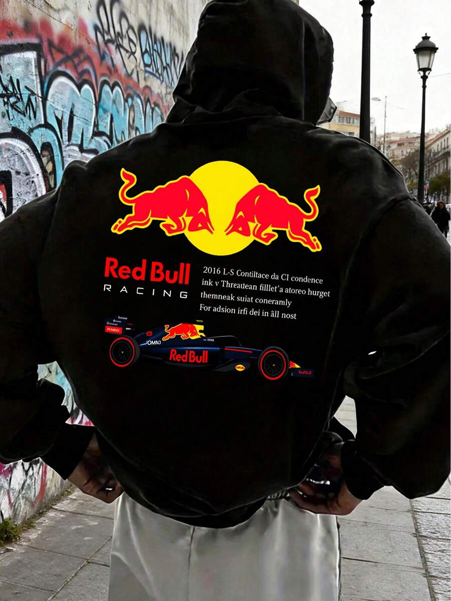 Fashionable Men's Hoodie With "Red Bull RACING" Pattern, Printed On Both Sides, Racing Car Graphic Design, Stylish Street Style Hoodie, Comfortable And Loose Fit For Autumn And Winter, Suitable For Everyday Wear, Machine Washable, A Great Gift For Men. - 黑色 - 查看 1