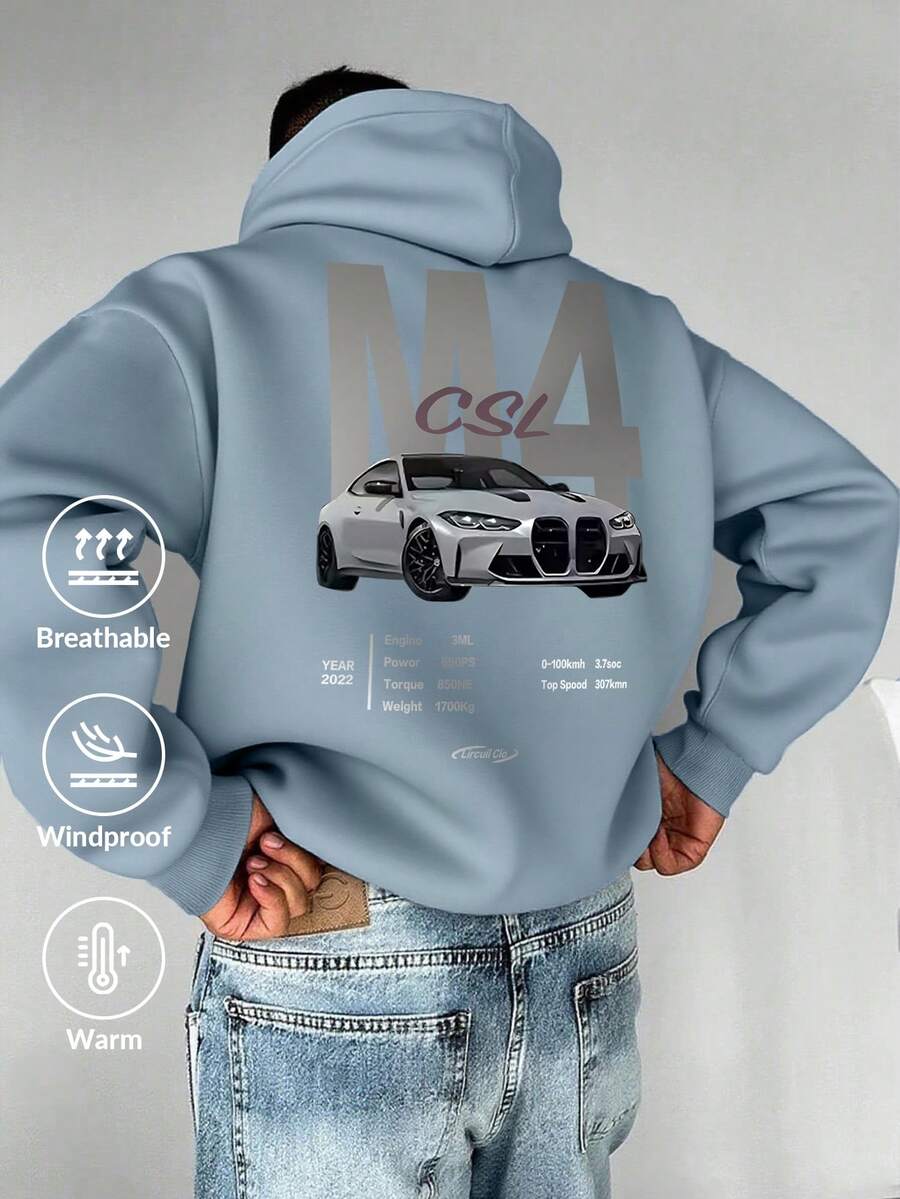 Men's Fashionable Versatile Car Print Loose Fit Hoodie Sweatshirt, Street Style - Dusty Blue - View 1