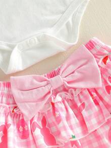 Conjunto de Pascua para niña, mono de manga larga con conejito, pantalones cortos con volantes a cuadros, diadema con lazo y medias, conjunto de 4 piezas para primavera - Blanco - Ver 4
