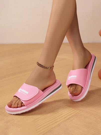 Women's Casual Letter Print Beach Fabric Hook And Loop Slippers Sandals, Suitable For Home, Office, Holiday, Outdoor, Summer